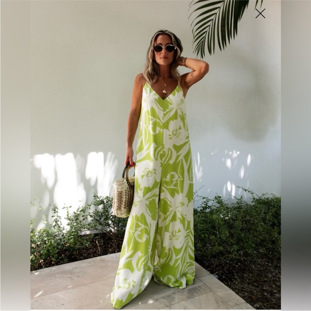 Vici Green and White Floral Jumpsuit